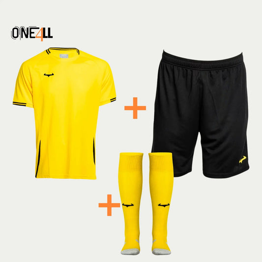 14ALLE - EINS FÜR ALLE - ONE4ALL AeroSwift Dri-FIT Komplett-Set – T-Shirt, Shorts & Fußballsocken in Schwarz/Gelb - perfekt für Training