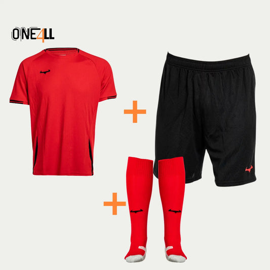 14ALLE - EINS FÜR ALLE - ONE4ALL AeroSwift Dri-FIT Komplett-Set – T-Shirt, Shorts & Fußballsocken in Schwarz Rot. perfekt für Training