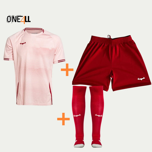 14ALLE - EINS FÜR ALLE - ONE4ALL AeroSwift Dri-FIT Komplett-Set – T-Shirt, Shorts & Fußballsocken in Wein Rot. perfekt für Training
